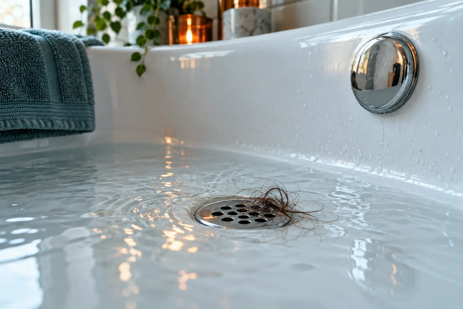 Bathtub holding water with hair caught at the drain and the overflow plate above