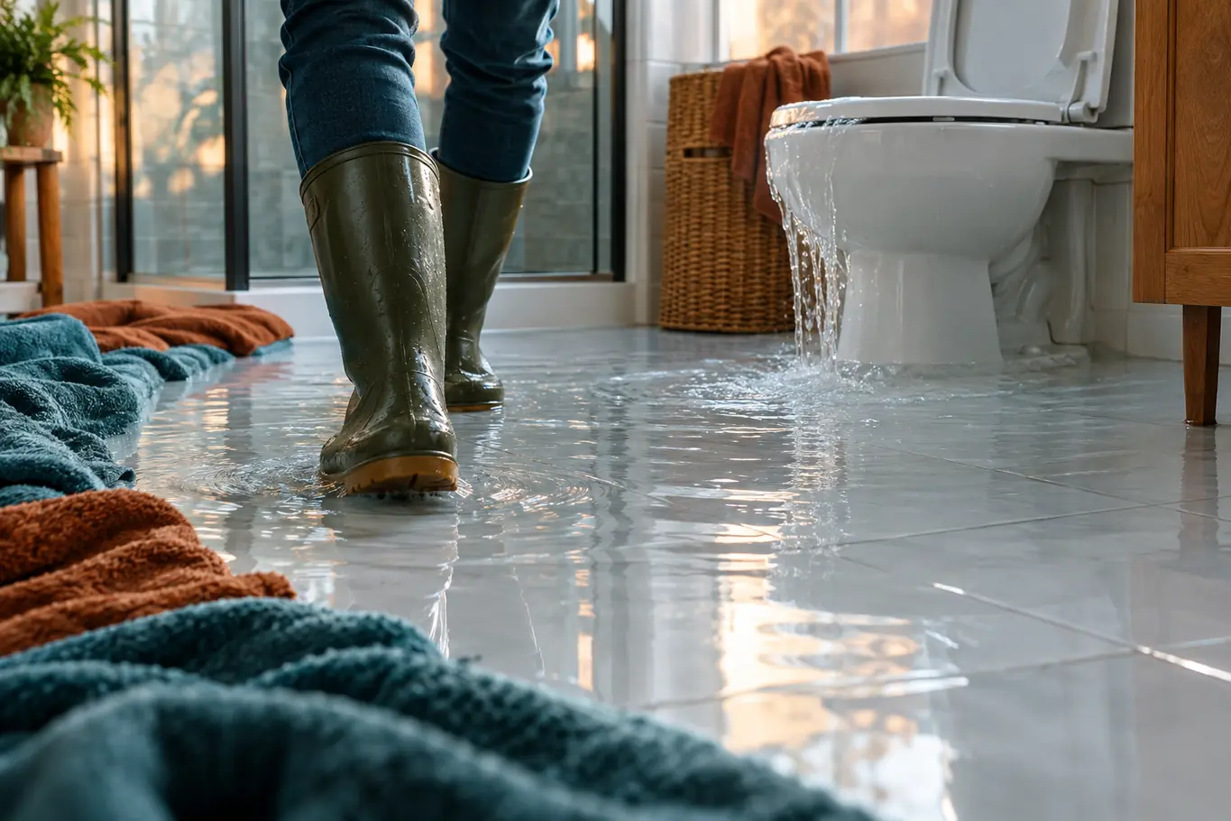 Water spreading across a bathroom floor from an overflowing toilet, with towels laid down
