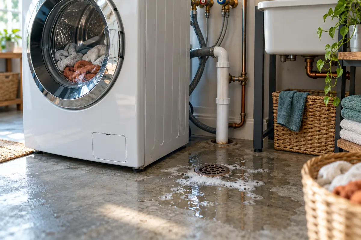 Laundry room with a washing machine, its standpipe and a floor drain with soapy water around it