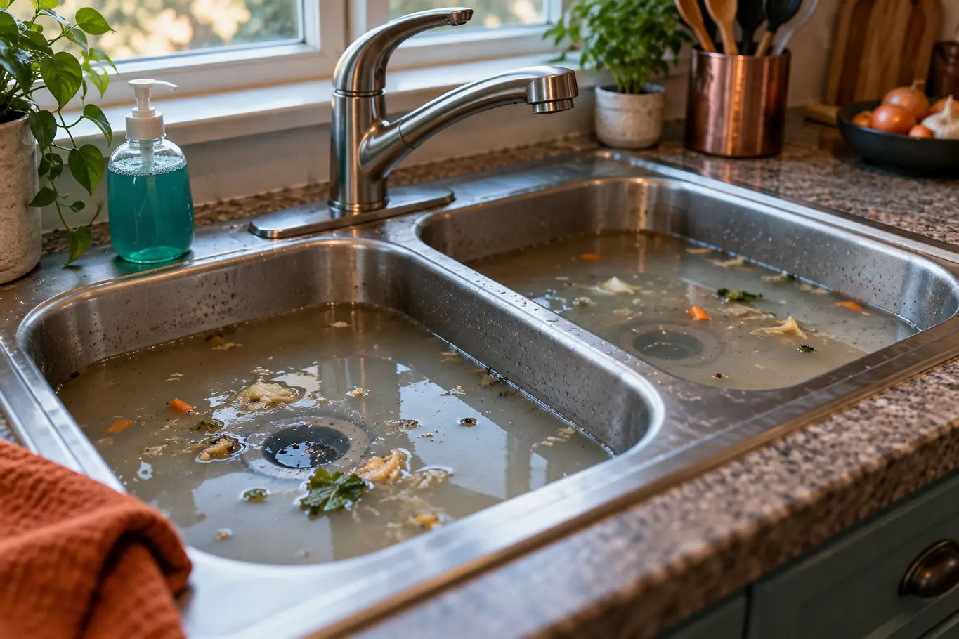 Double kitchen sink filled with cloudy standing water that will not drain