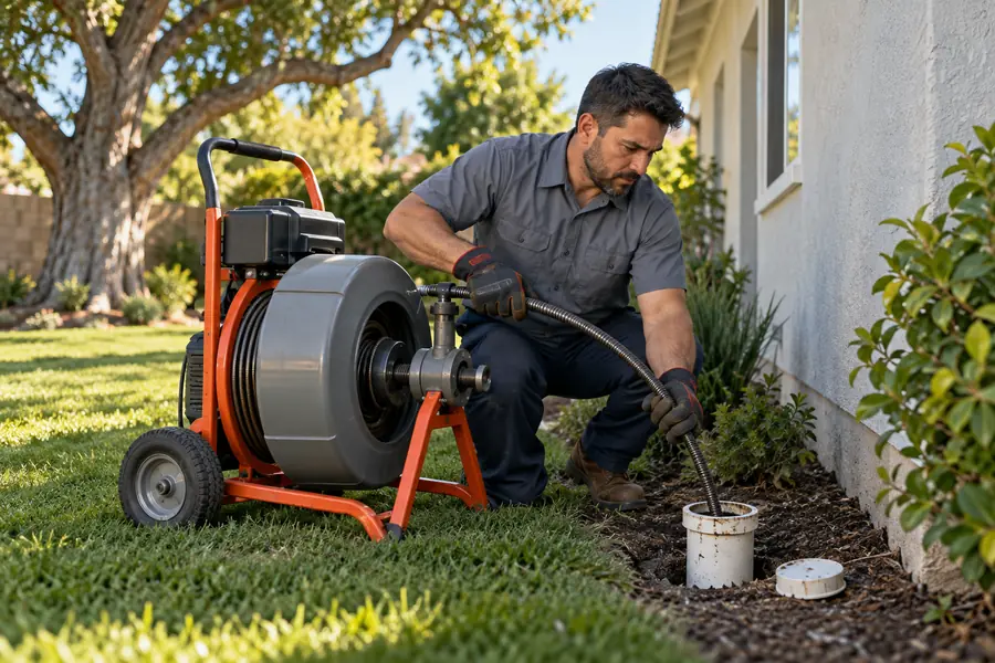 Technician running a drum drain machine into an outdoor sewer cleanout beside a house