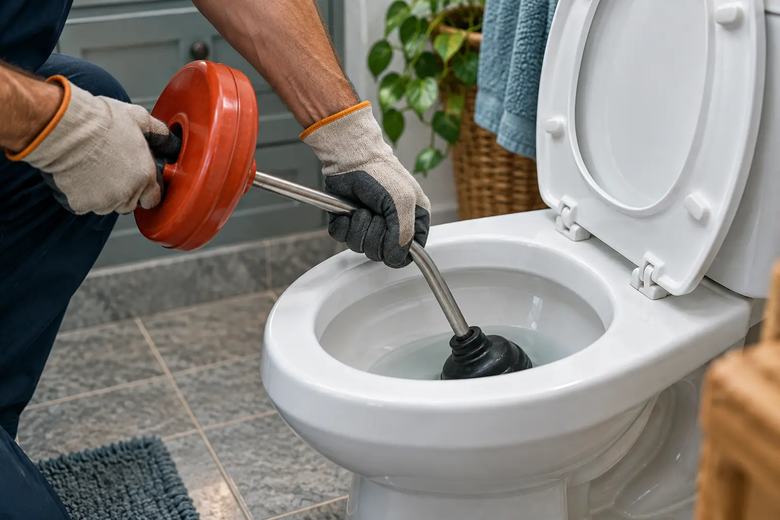 Gloved hands working a closet auger into a white toilet bowl